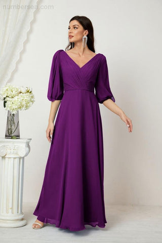 Baoleely  Formal Prom Gown Women V-Neck Chiffon Bridesmaid Dresses Long Bishop Sleeve Party Dress 2807