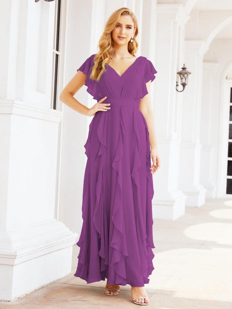 Ruffled Bridesmaid Dresses with Sleeves Long Formal Party Dress 28041