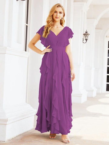 Vestidos de dama de honor con volantes y mangas, vestido largo de fiesta formal 28041 