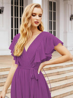Baoleely Women's Open Back Formal Evening Party Prom Gowns V-Neck Long Chiffon Bridesmaid Dresses with Waist Belt 28038