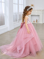 Vestido de niña de las flores de tul sin mangas con encaje y lazo rosa (010224320) 