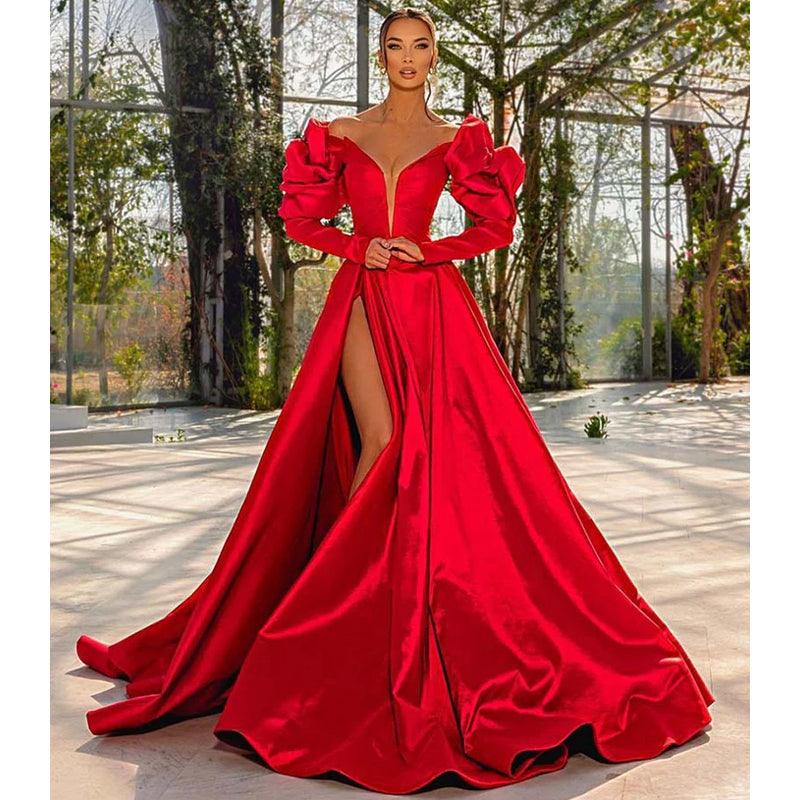 Plunging V-neck Sexy High Split Long Sleeves Red Formal Evening Dress