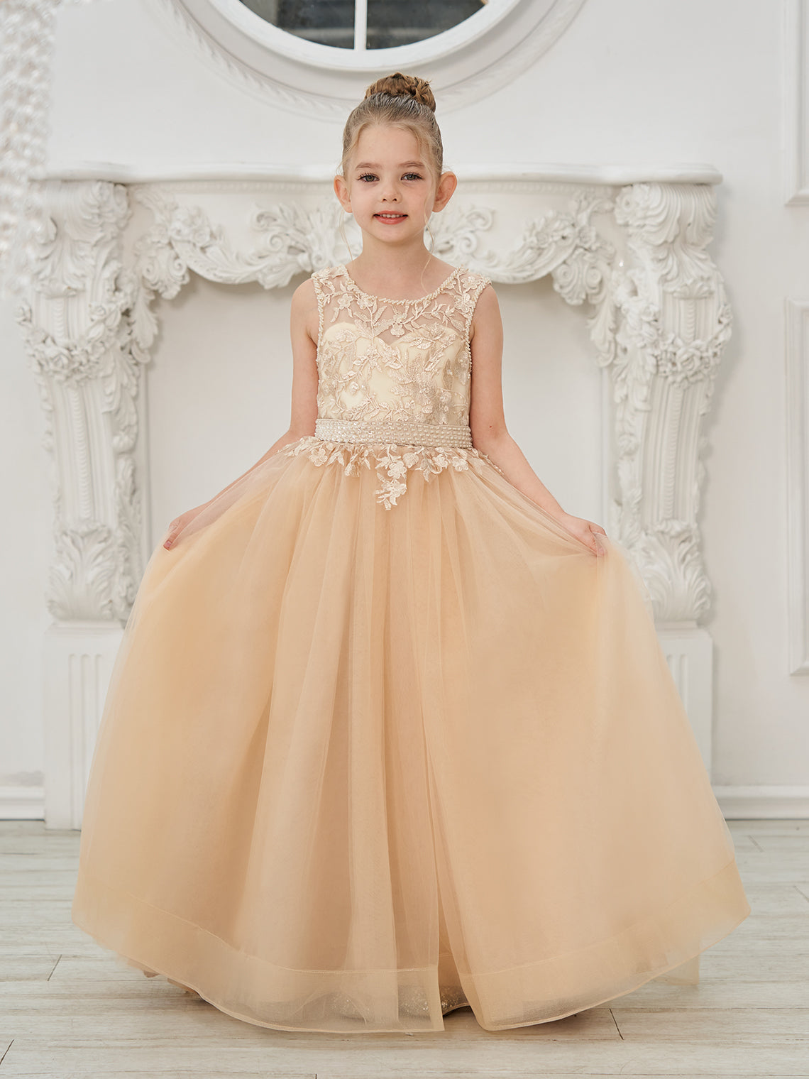 Vestido de princesa/vestido de princesa con cola de tul y vestido de niña de las flores color champán 