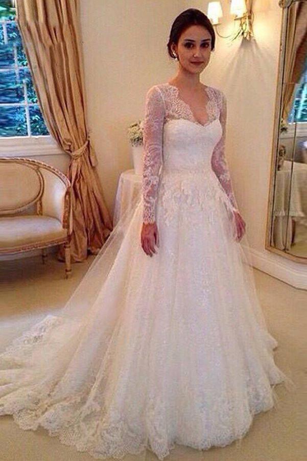 Magnifiques robes de mariée trapèze à col en V, manches longues et traîne courte ornées d'appliqués