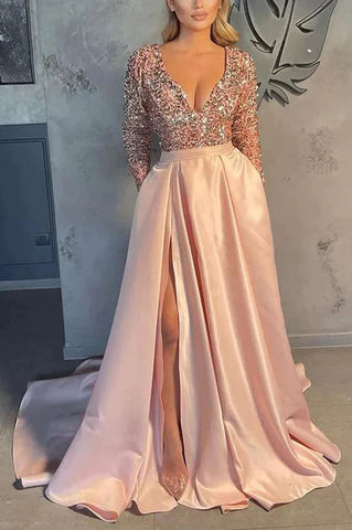 Magnifique robe de bal en satin à sequins, manches longues et col en V 