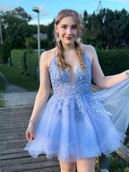 Vestido corto de fiesta de bienvenida con apliques de tul rosa rubor de corte línea A