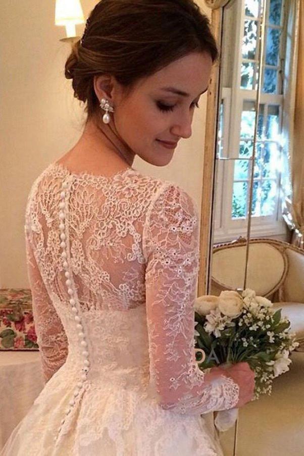 Magnifiques robes de mariée trapèze à col en V, manches longues et traîne courte ornées d'appliqués