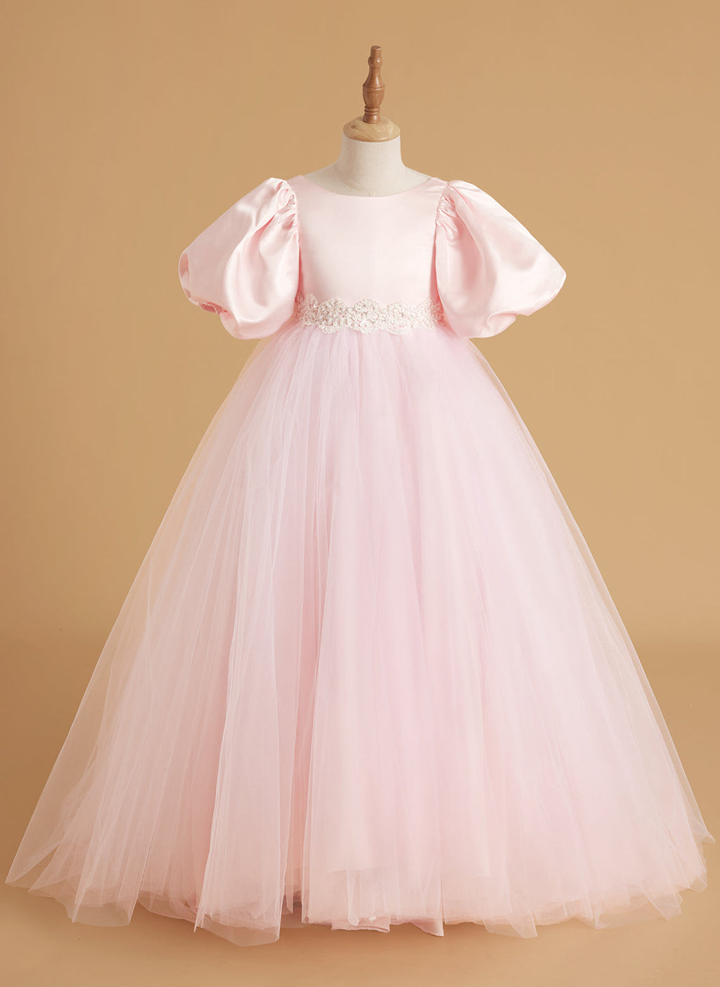Vestido de niña de las flores de corte A, satén y tul, de manga corta 