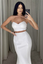 Robe de bal blanche sirène longue deux pièces sans bretelles