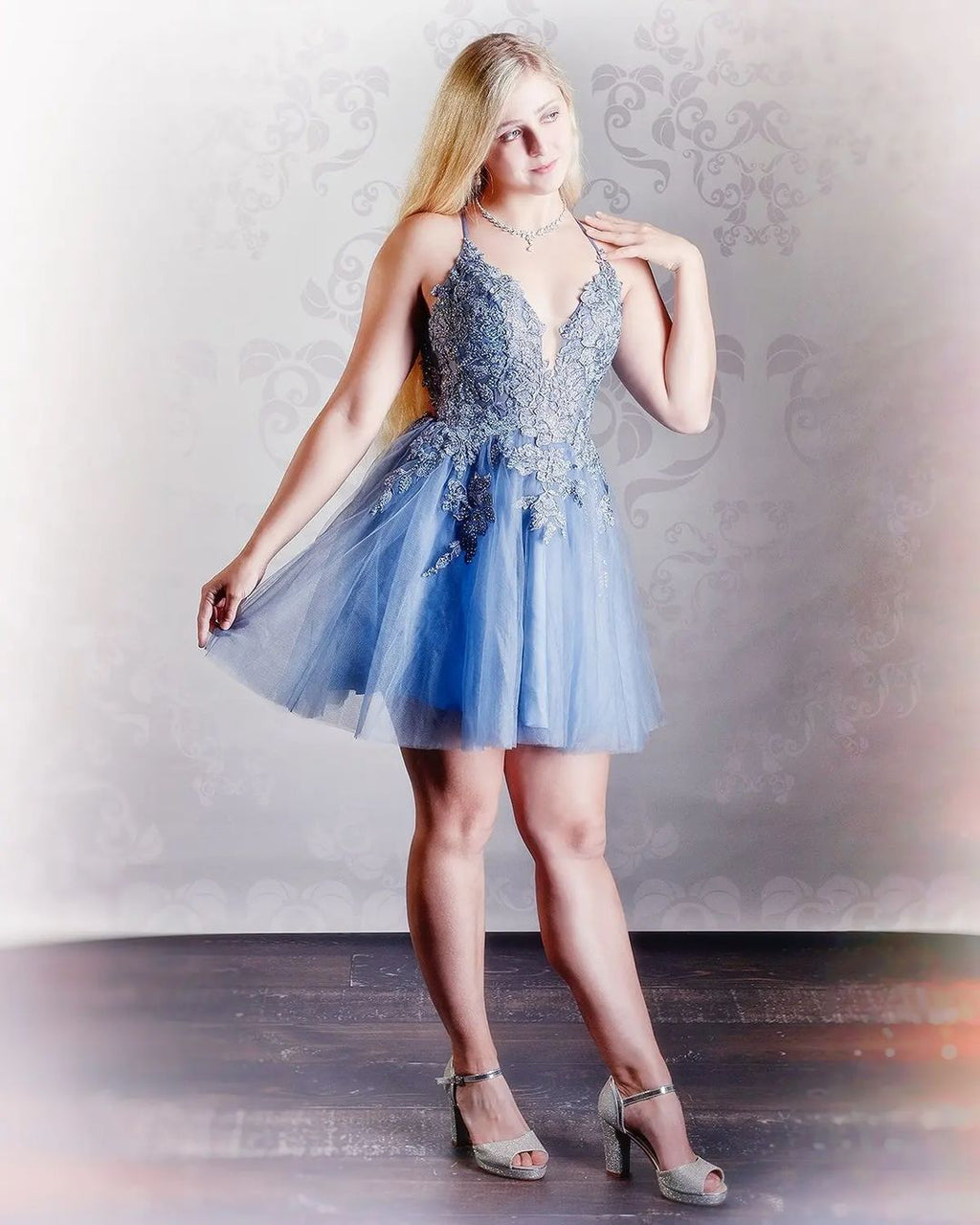 Vestido corto de fiesta de bienvenida con apliques de tul rosa rubor de corte línea A