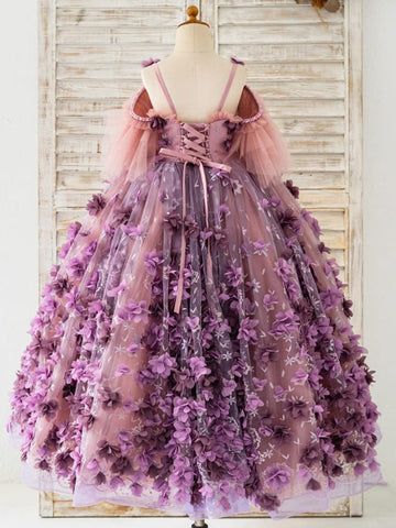 Vestido de gala/de princesa con tul y flores en 3D hasta el suelo 