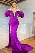 Robe de bal sirène fendue sur le devant, col en V, manches épaules dénudées et broderies de perles éblouissantes
