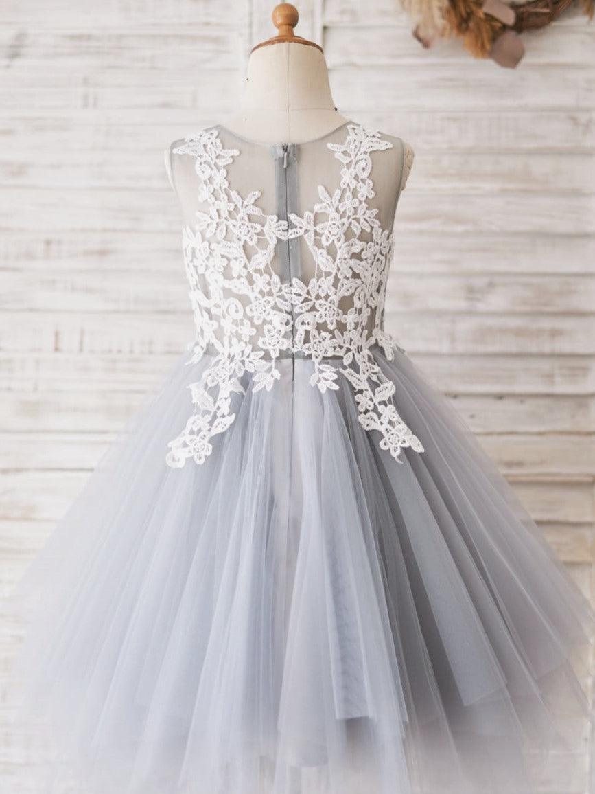 Vestido largo de tul y encaje azul para niña de las flores 
