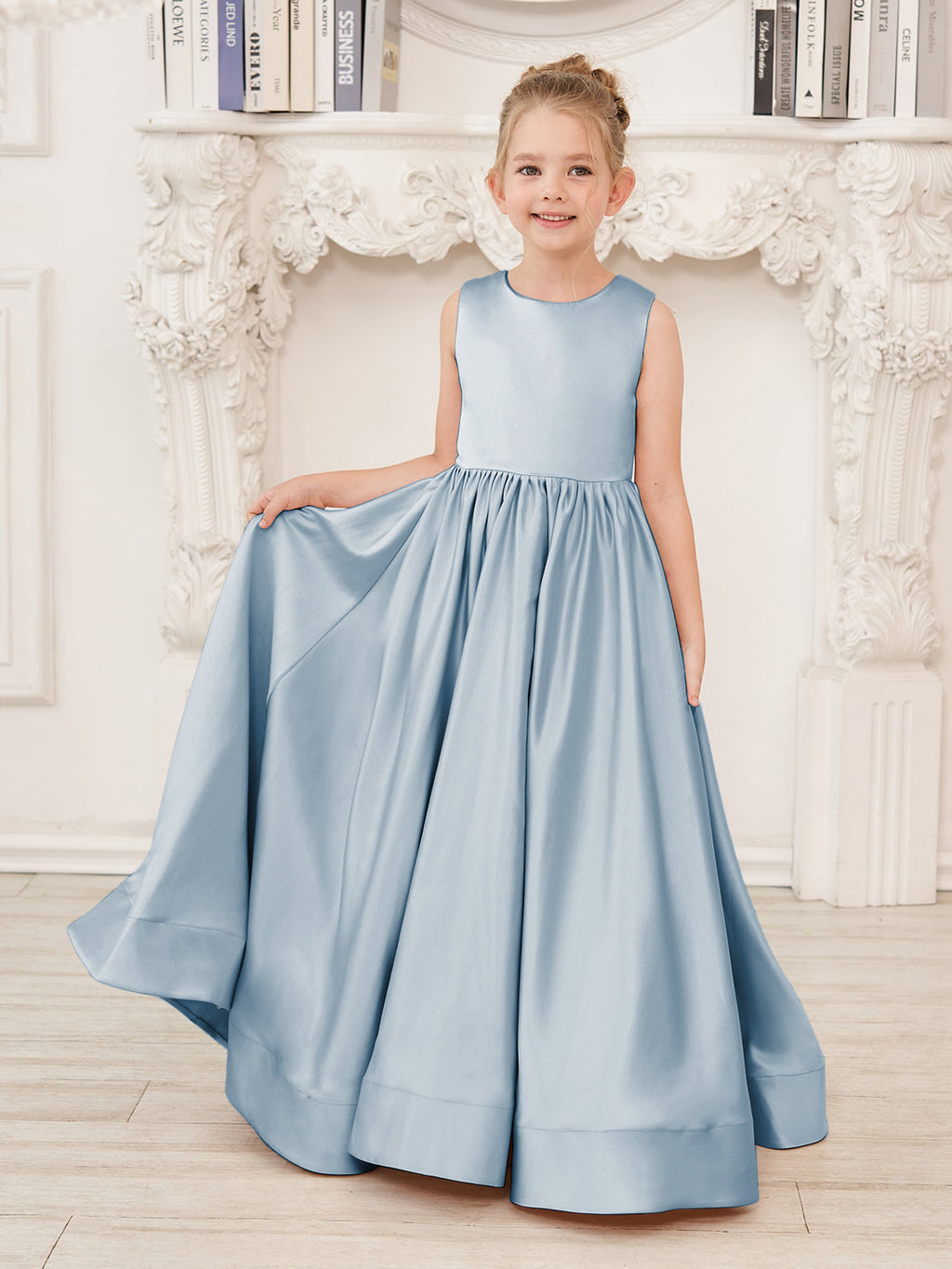 Vestido de niña de las flores de corte A, de satén y encaje, hasta el suelo 