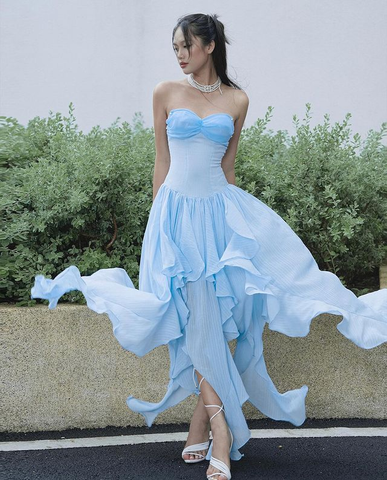 Elegant Blue Strapless Irregular Chiffon Party Prom Dress Sweetheart Evening Gown Y8223