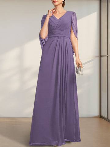 A-line V-Neck Floor-Length Chiffon Mother of the Bride Dress With Pleated