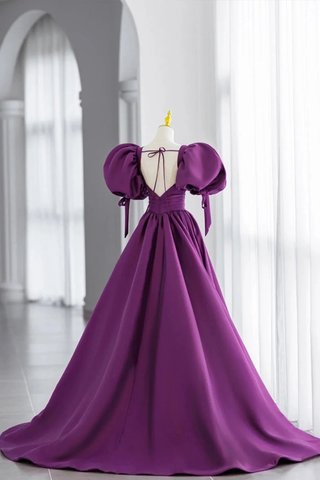 Robe de bal longue en satin violet à manches bouffantes et col en V, référence Y856