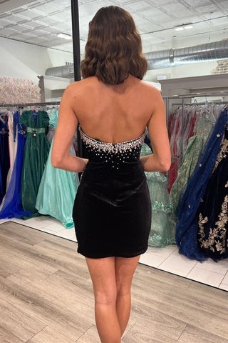 Velvet Strapless Beaded Short Cocktail Dress with Tassels