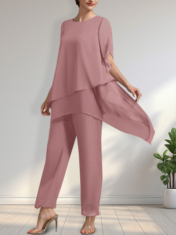Vestido de gasa de dos piezas para la madre de la novia: mono/traje pantalón con escote redondo y largo hasta el tobillo.