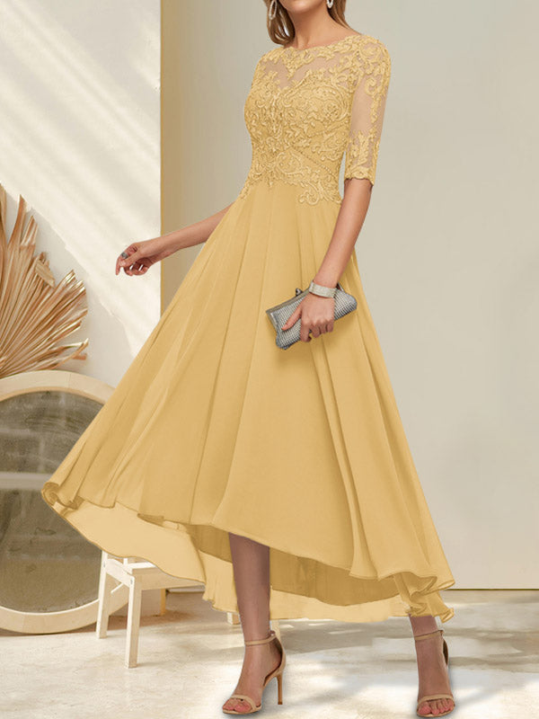 Vestido de novia de corte línea, escote barco, ilusión asimétrica, gasa, encaje y lentejuelas para la madre de la novia.
