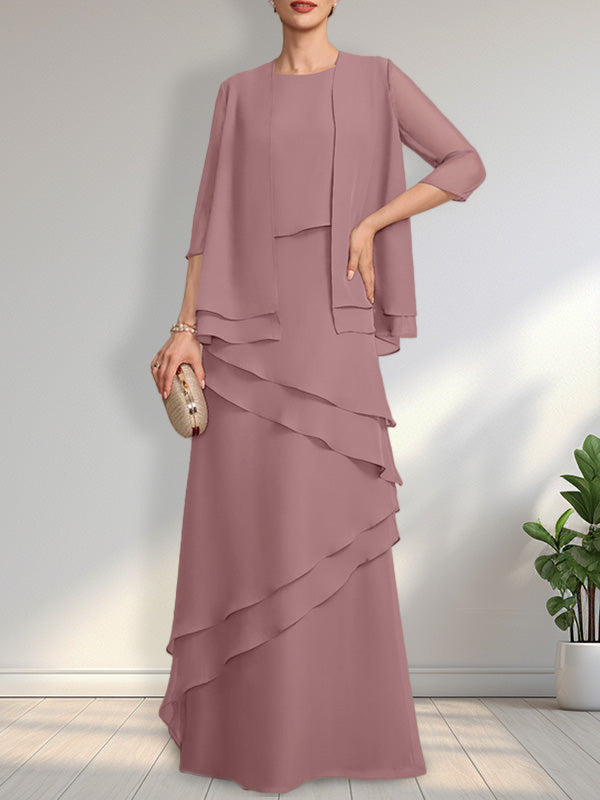 Vestido de gasa de corte recto y escote redondo hasta el suelo para la madre de la novia