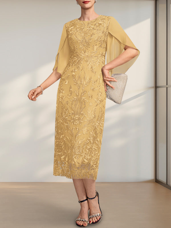 Vestido de novia de gasa de encaje, corte recto/columna, largo hasta la rodilla, con escote redondo.