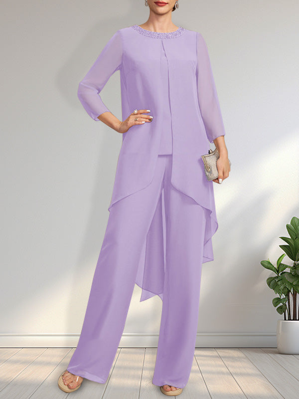 Vestido de dos piezas para la madre de la novia: mono/pantalón de gasa con escote redondo y largo hasta el suelo, adornado con lentejuelas y pedrería.