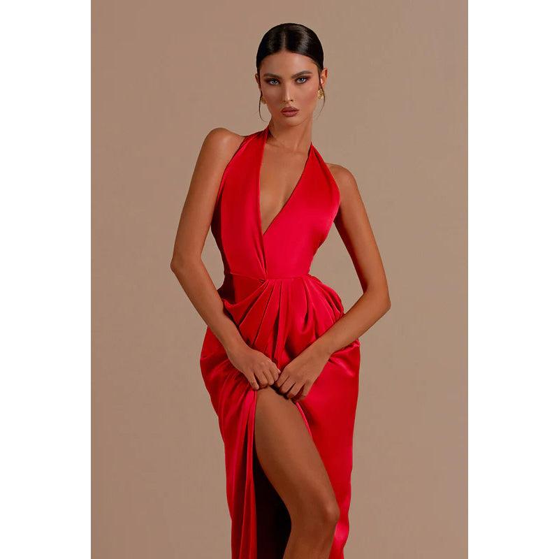 Vestido de noche largo de satén con escote en V, corte tubo y abertura lateral
