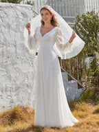 Classic Appliques 3D Flower Wedding Dress Simple Deep V-neck Long Sleeve Bridal Gown Beach Vestidos De Novia