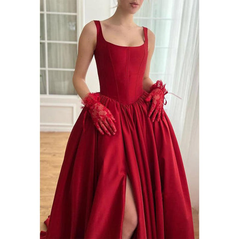 Satin A-line Spaghetti Straps with Side Slit Train Party Prom Evening Dress