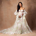 Vestidos de maternidad de gasa con estampado floral y mangas abullonadas para sesión de fotos de maternidad. Vestidos para mujer embarazada.