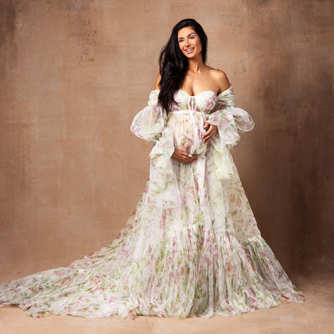 Vestidos de maternidad de gasa con estampado floral y mangas abullonadas para sesión de fotos de maternidad. Vestidos para mujer embarazada.