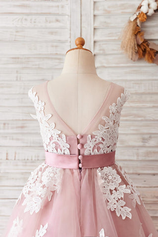 Vestido morado de tul y encaje hasta la rodilla (2003227696) 