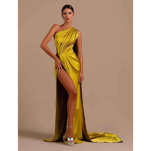 Vestido de fiesta formal largo con abertura alta y un solo hombro único 