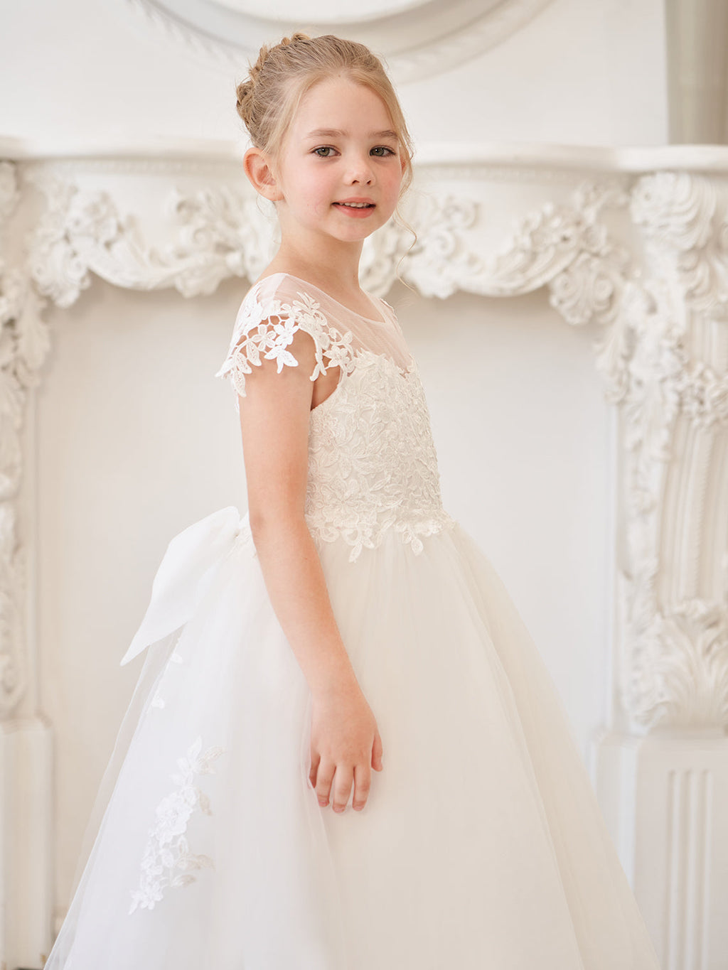 Vestido de niña de las flores para la Primera Comunión, color marfil, con cola desmontable estilo princesa. 
