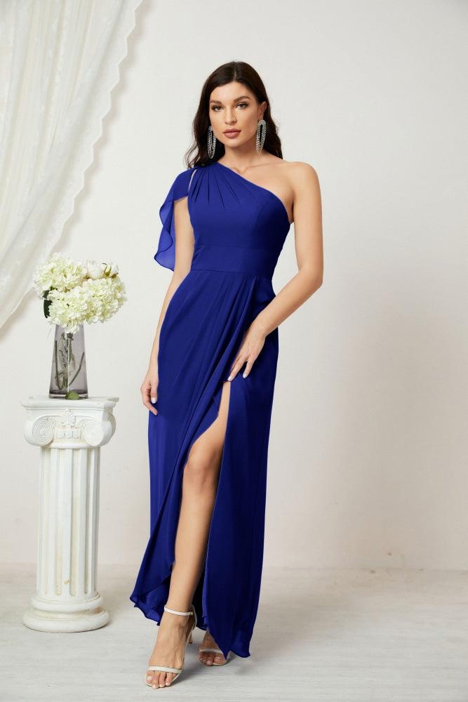 Baoleely  Chiffon Ruffled One Shoulder Long Bridesmaid Dresses A-line Formal Evening Gown Side Split 2809