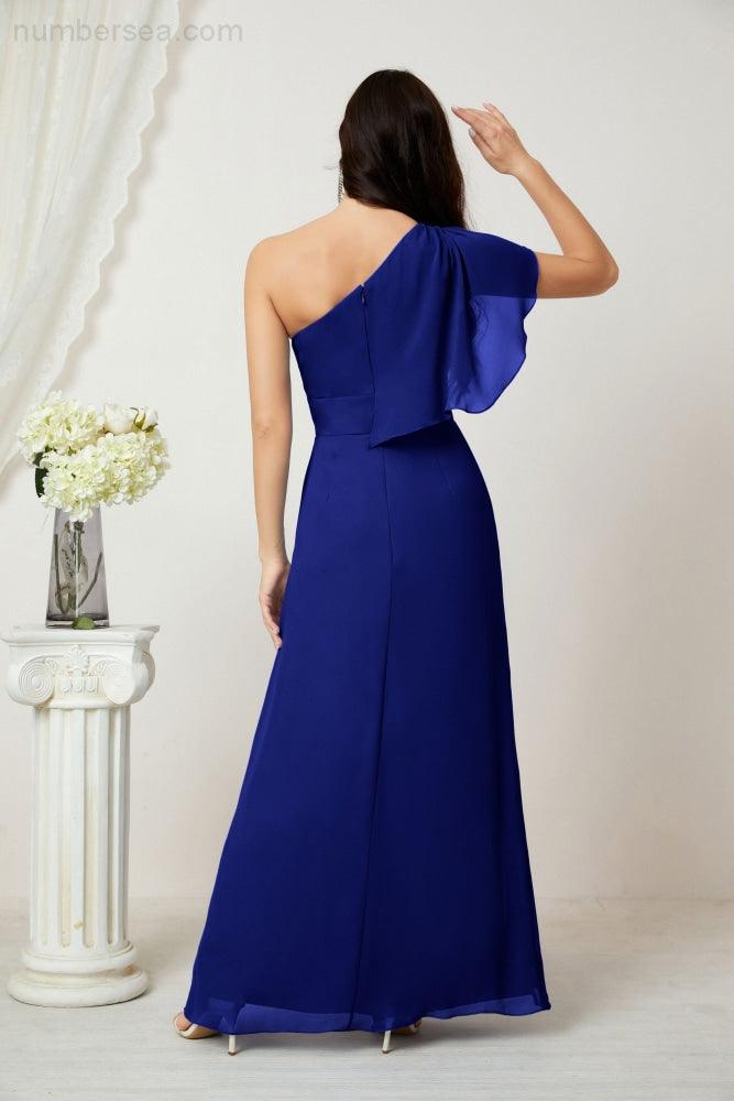 Baoleely  Chiffon Ruffled One Shoulder Long Bridesmaid Dresses A-line Formal Evening Gown Side Split 2809