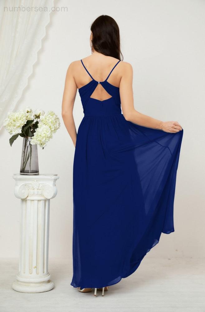 Robe de demoiselle d'honneur en mousseline de soie, longue, coupe trapèze, col en V, pour soirée de mariage, 2801 