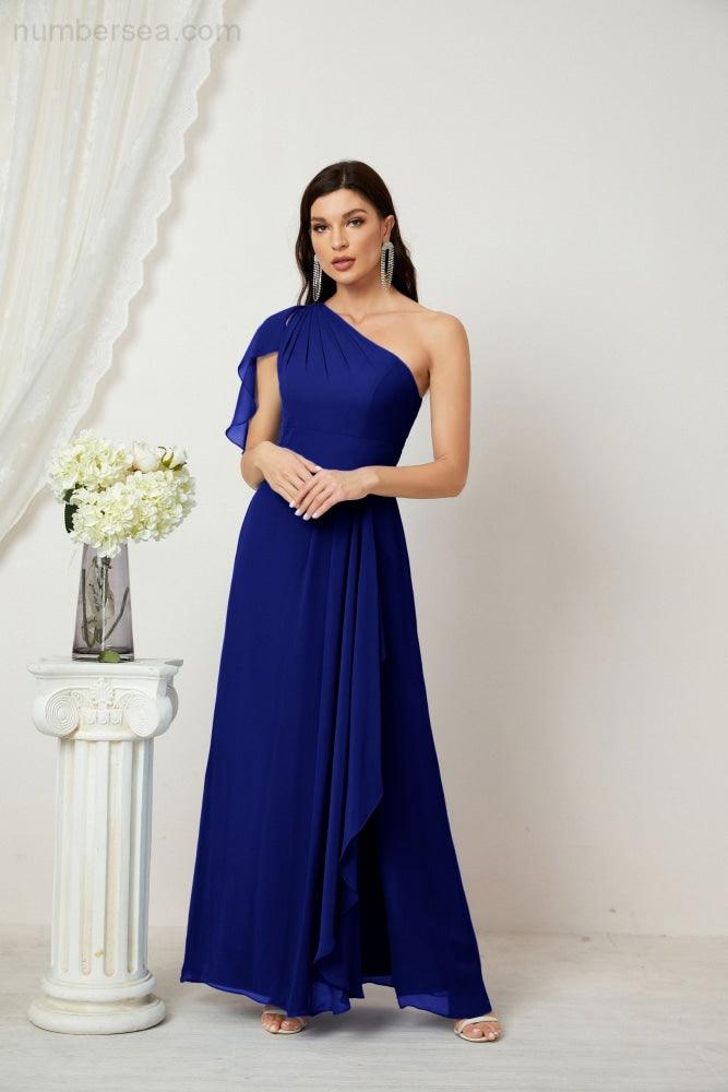 Baoleely  Chiffon Ruffled One Shoulder Long Bridesmaid Dresses A-line Formal Evening Gown Side Split 2809