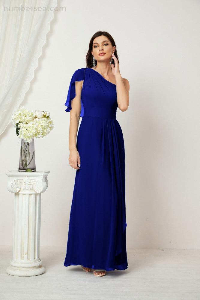 Baoleely  Chiffon Ruffled One Shoulder Long Bridesmaid Dresses A-line Formal Evening Gown Side Split 2809