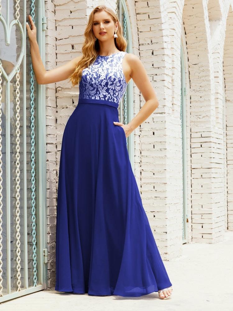 Robe de demoiselle d'honneur en dentelle, longueur au sol, avec poches, 28017 