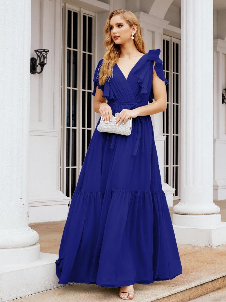 Baoleely Women's Open Back Formal Evening Party Prom Gowns V-Neck Long Chiffon Bridesmaid Dresses with Waist Belt 28038