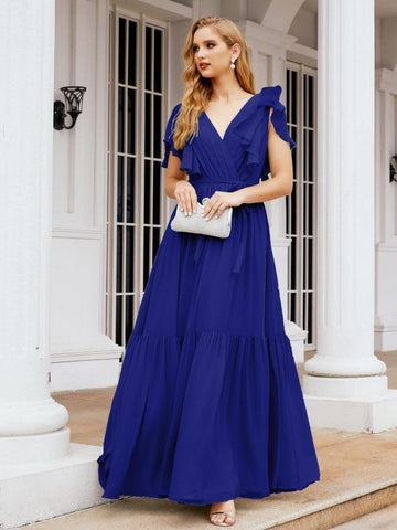 Vestido de fiesta formal de noche con espalda descubierta para mujer Baoleely, escote en V, largo, de gasa, con cinturón a la cintura 28038