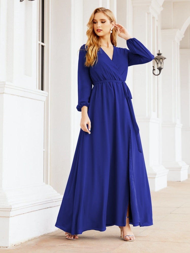 Vestido de dama de honor de gasa para mujer Sunderly, corte en A, manga larga, vestido de noche formal para invitada de boda SY28032 