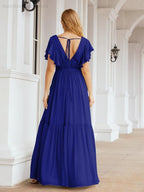 Baoleely Women's Open Back Formal Evening Party Prom Gowns V-Neck Long Chiffon Bridesmaid Dresses with Waist Belt 28038