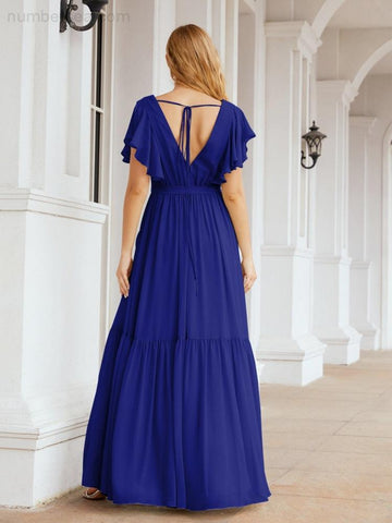 Vestido de fiesta formal de noche con espalda descubierta para mujer Baoleely, escote en V, largo, de gasa, con cinturón a la cintura 28038