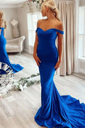 Robe de bal sirène bleu azur royale à épaules dénudées et à volants
