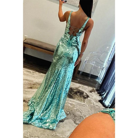 Robe de soirée scintillante à bretelles spaghetti et col en V avec fente latérale 