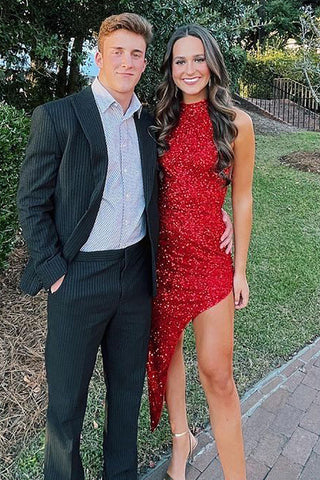 Sheath High Neck Red Sequins Asymmetrical Homecoming Dress