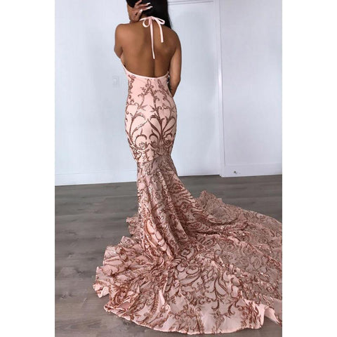 V-Neck Halter Backless Sequins Satin Mermaid Long Prom Evening Dress